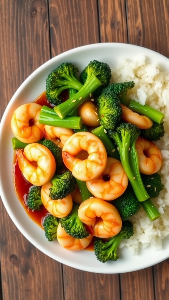 A colorful shrimp broccoli stir fry with shrimp and broccoli in a savory sauce, served with rice, on a rustic table.